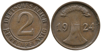 ГЕРМАНИЯ 2 РЕНТЕНПФЕННИГА 1924 D KM 31, J. 307 бронза 24-645
