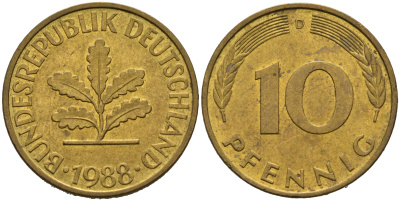 ФРГ 10 ПФЕННИГОВ 1988 D KM 108, J.383 сталь плакированная латунью 75-655