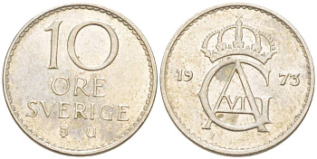 Швеция 10 эре 1973 U, Густав VI Адольф (1950-1973) KM 835 медно-никель 4516-944