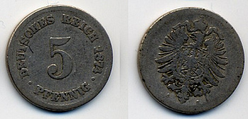 ГЕРМАНИЯ 5 ПФЕННИГОВ 1874 A, СТАРОГЕРБОВКА KM 3, J. 3 медно-никель 41-626