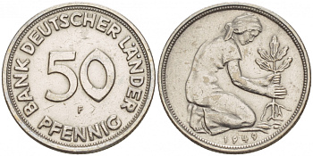 ФРГ 50 пфеннигов 1949 F KM 104, J. 379 медно-никель 4528-126