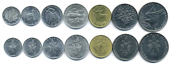 ВАТИКАН ЛОТ ИЗ 7 МОНЕТ 1973 ПАВЕЛ VI (1963-1978), ЖИВОТНЫЕ KM 116, 117, 118, 119, 120, 121, 122 UNC N4-28