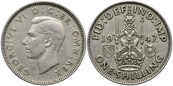 Великобритания 1 шиллинг 1947 Георг VI (1936-1952), Шотландский герб KM 864, Spink 4104 медно-никель 4171-557