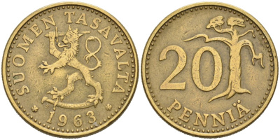 ФИНЛЯНДИЯ 20 ПЕННИ 1963 S KM 47 алюминиевая бронза 4563-256
