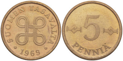 ФИНЛЯНДИЯ 5 ПЕННИ 1969 KM 45 медь 100-162