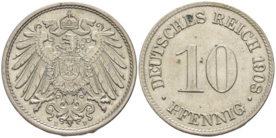 ГЕРМАНИЯ 10 ПФЕННИГОВ 1908 D KM 12, J. 13 медно-никель UNC 31-325