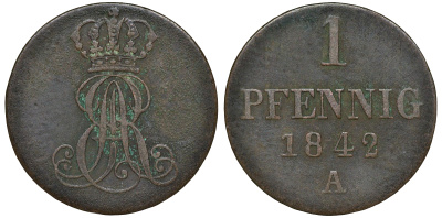 Ганновер 1 пфенниг 1842 A, Эрнст Август (1837-1851) KM 173.1, AKS 126, J. 54 медь 72-1655