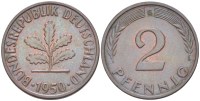 ФРГ 2 ПФЕННИГА 1950 G KM 106, J. 381 бронза 4181-714