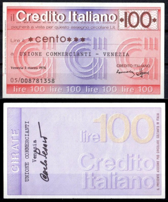 Италия 100 лир 1976 чек - Credito Italiano бумага 8621-15-2-1