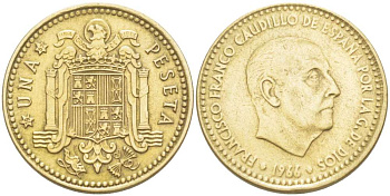 ИСПАНИЯ 1 ПЕСЕТА 1966 (67) ФРАНСИСКО ФРАНКО ДИКТАТОР ИСПАНИИ (1939- 1975) KM 796 алюминиевая бронза 4519-916