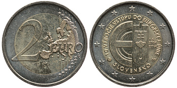 СЛОВАКИЯ 2 ЕВРО 2014 10 ЛЕТ ВХОЖДЕНИЮ СЛОВАКИИ В ЕВРОСОЮЗ (2004-2014) KM 134 биметалл 177-1057