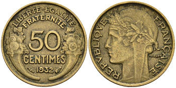Франция 50 сантимов 1932 KM 894.1, Le Franc 192.15 алюминиевая бронза 4596-749