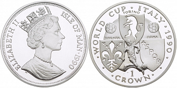 Остров Мэн 1 крона 1990 чемпионат мира по футболу 1990 года в Италии, Турин KM 270a серебро PROOF 1081-3-34