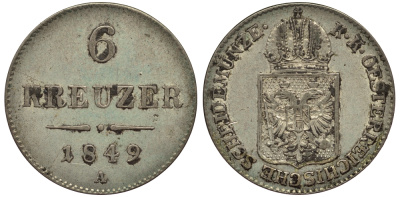 Австрия 6 крейцеров 1849 A, Франц Иосиф I (1848-1916) KM 2200 серебро 1519-614