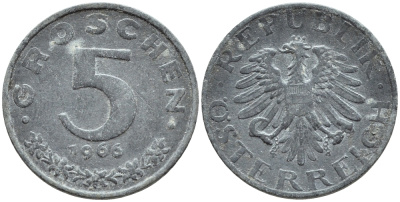 АВСТРИЯ 5 ГРОШЕЙ 1966 KM 2875 цинк 46-831