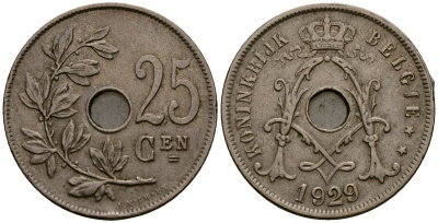 Бельгия 25 сантимов 1929 Belgie KM 69 медно-никель 4403-623