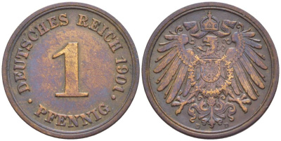 ГЕРМАНИЯ 1 ПФЕННИГ 1901 D KM 10, Jager. 10, Weege 2 медь 4528-1167