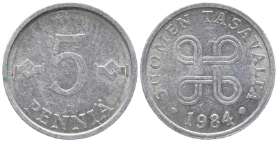 ФИНЛЯНДИЯ 5 ПЕННИ 1984 KM 45а алюминий 100-965