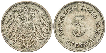 ГЕРМАНИЯ 5 ПФЕННИГОВ 1913 E KM 11, J. 12 медно-никель 105-168