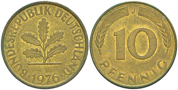 ФРГ 10 ПФЕННИГОВ 1976 J KM 108, J. 383 сталь плакированная латунью 219-512
