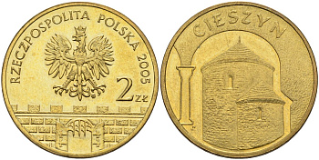 Польша 2 злотых 2005 MW, серия польские города, Цешин (Cieszyn) KM 753, Parchimowicz 962 латунь 4539-623