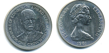 Остров Мэн 1 крона 1981 приз герцога Эдинбургского, портрет герцога КМ 73 медно-никель UNC 58-821