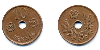 ФИНЛЯНДИЯ 10 ПЕННИ 1942 KM 33.1 медь 51-4966