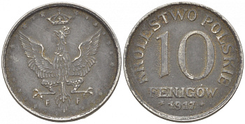 ПОЛЬША 10 ФЕНИГОВ 1917 FF, ПЕРВАЯ МИРОВАЯ ВОЙНА, ГЕРМАНСКАЯ ОККУПАЦИЯ, ЛЕГЕНДА НЕ КАСАЕТСЯ КРАЯ KM 6 железо 4548-957