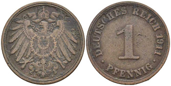 ГЕРМАНИЯ 1 ПФЕННИНГ 1911 А KM 10, J. 10 медь 201-935