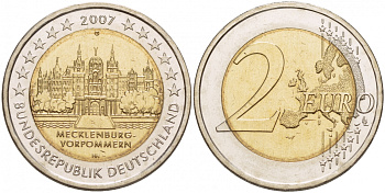 ФРГ 2 евро 2007 G, серия федеральные земли, Мекленбург-Передняя Померания, Шверинский замок KM 260 биметалл UNC 1094-6-61