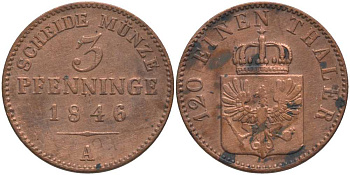 ПРУССИЯ 3 ПФЕННИГА 1846 А, ФРИДРИХ ВИЛЬГЕЛЬМ IV (1840-1861) KM 453 медь 117-421