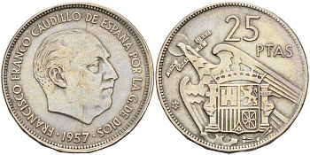 Испания 25 песет 1957 (65) Франсиско Франко (1939-1975) KM 787 медно-никель    4144-214