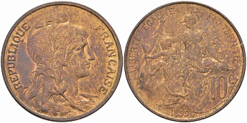 ФРАНЦИЯ 10 САНТИМОВ 1899 ТИП ДАНИЭЛЬ ДЮПЮИ KM 843, LA FRANC 136.8 бронза 109-132