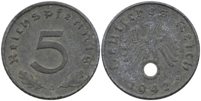 Германия 5 рейхспфеннигов 1942 A, монетный двор Берлин KM 100, J. 370 цинк 186-755