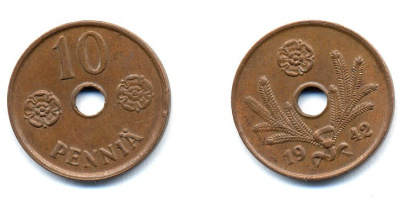 ФИНЛЯНДИЯ 10 ПЕННИ 1942 KM 33.1 медь 51-4966