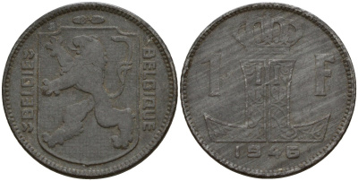 Бельгия 1 франк 1946 Belgie - Belgique, Леопольд III (1934-1947), германская оккупация, Вторая мировая война KM 128 цинк 4161-617