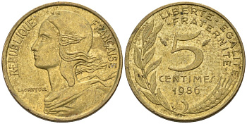ФРАНЦИЯ 5 САНТИМОВ 1986 ТИП MARIANNE KM 933, LE FRANC 125.22 медь алюминий никель 4567-758