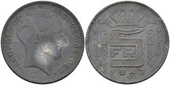 Бельгия 5 франков 1943 BELGES, немецкая оккупация KM 129.1 цинк    4592-1224