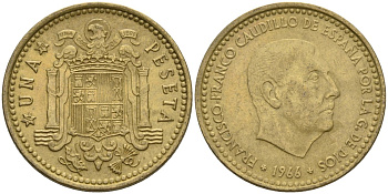 Испания 1 песета 1966 (70) Франсиско Франко (1939-1975) KM 796 алюминиевая бронза 4604-132