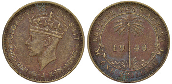 Британская Западная Африка 1 шиллинг 1943 Георг VI KM 23 никель латунь 25-1731