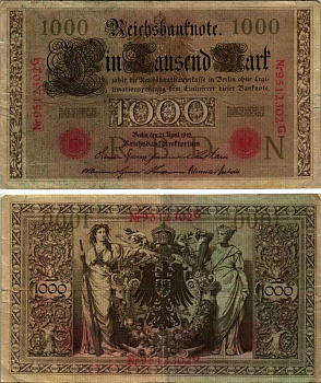 ГЕРМАНИЯ 1000 МАРОК 1910 21 АПРЕЛЯ 1910, КРАСНАЯ ПЕЧАТЬ, 7 ЦИФР В НОМЕРЕ Pick 44b бумага 7219-3-1