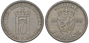 Норвегия 1 крона 1956 Хокон VII (1905-1957) KM 397 медно-никель 4128-1216