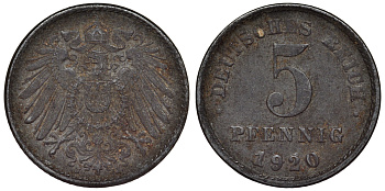 Германия 5 пфеннигов 1920 J KM 19, J. 297, Weege 5 железо 4118-1214