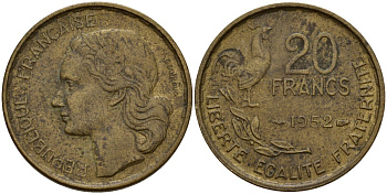 Франция 20 франков 1952 B, Петух KM 917.1 алюминиевая бронза 4159-936