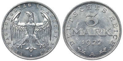 Германия 3 марки 1922 A, третья годовщина Веймарской Конституции KM 29, J. 303 алюминий 4123-223