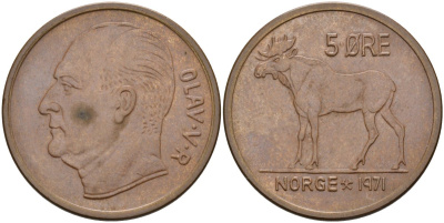 Норвегия 5 эре 1971 лось, Улаф V (1958-1991) KM 405 бронза aUNC 4111-526