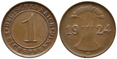 ГЕРМАНИЯ 1 РЕЙХСПФЕННИГ 1924 D KM 37, J. 313 бронза 39-857