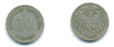 ГЕРМАНИЯ 10 ПФЕННИГОВ 1899 A KM 12, J. 13 медно-никель 83-144