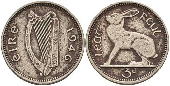 Ирландия 3 пенса 1946 заяц KM 12a медно-никель 4596-1059