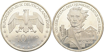 ФРГ 10 евро 2003 J, 200 лет со дня рождения Юстуса фон Либиха KM 222, DE.S. 10.7 серебро PROOF 02-116-33